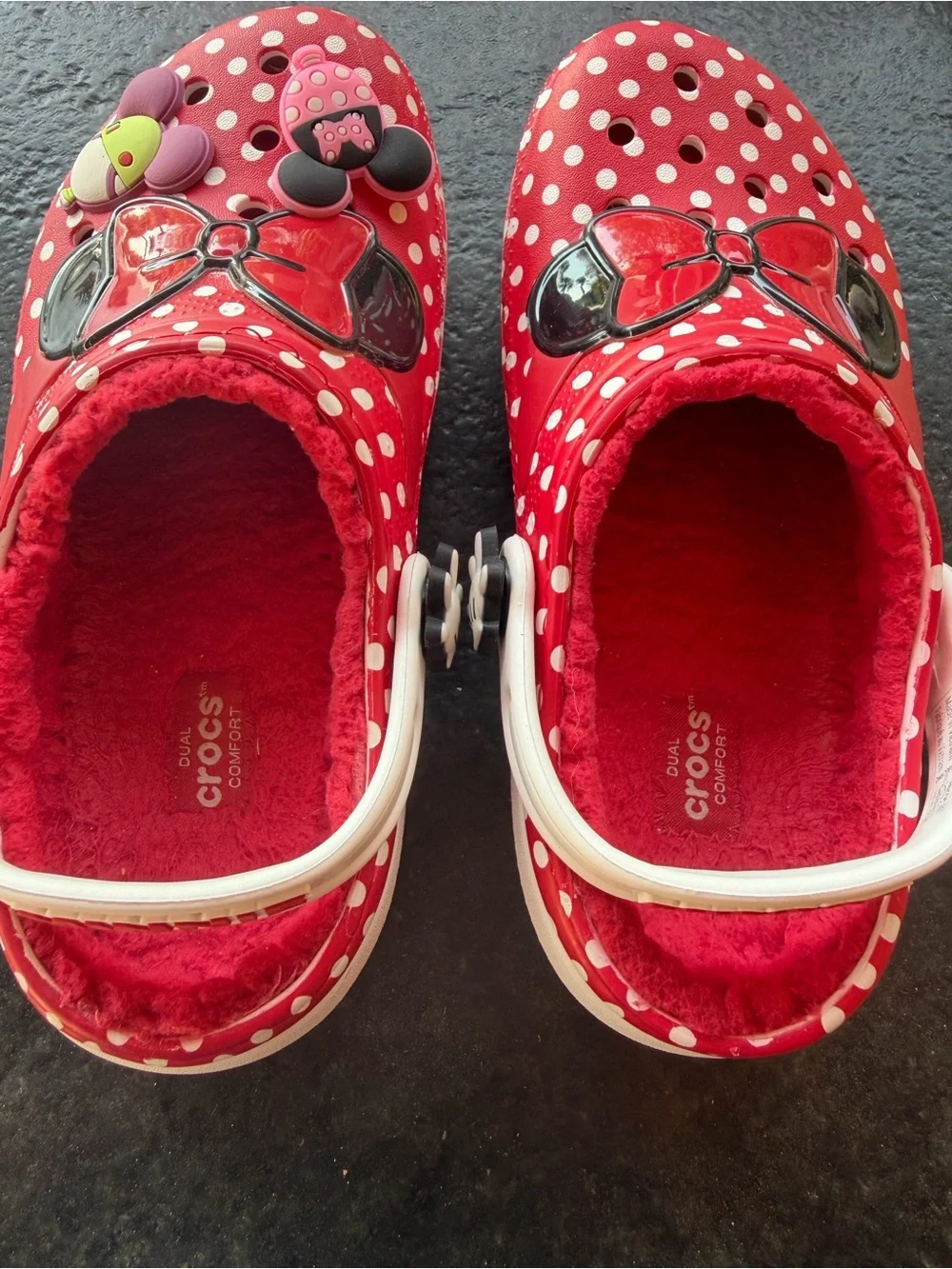CROCS Kids' Red & White Polka Dot Minnie Bow Clogs with Plush Liner